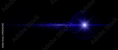 Dynamic optical flare with scattered glowing particles and strong luminous beam. Suitable for cinematic overlays, futuristic lighting, and motion graphics.