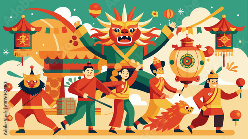 Colorful chinese new year parade with dragon dance and lanterns in flat illustration representing traditional festival celebration and cultural heritage