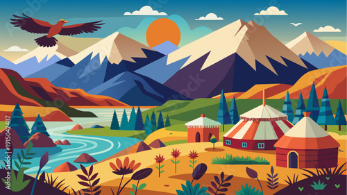 Colorful mountain landscape with river and traditional yurts in flat illustration representing nomadic culture and wild nature adventure