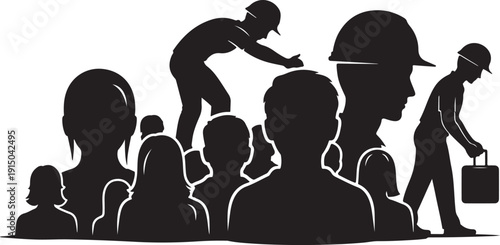 Silhouette of people in a crowd with workers nearby