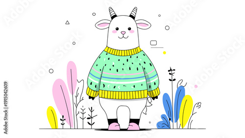Cute cartoon goat wearing a cozy sweater and pink boots in a whimsical garden