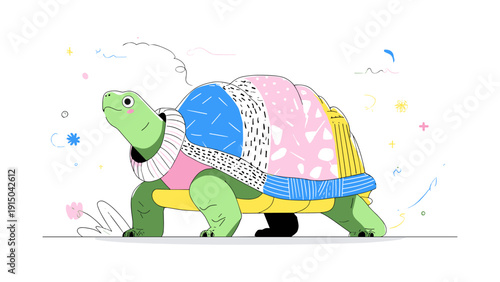 Whimsical cartoon tortoise with a colorful, patterned shell walking slowly