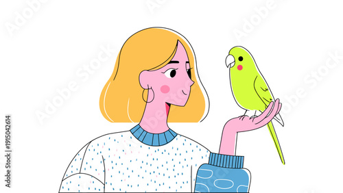 Young woman with blonde hair holding a cute green parakeet on her hand