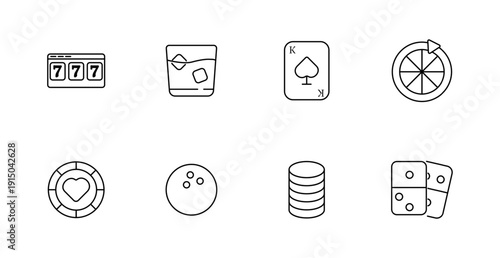 Casino set icon. Slot machine, drink, card, roulette, chip, ball, tokens, domino, gamble, luck, risk, win, fortune, play, bet, entertainment