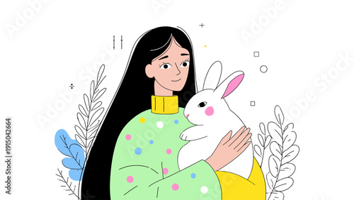 Young woman holding a fluffy white rabbit surrounded by abstract botanical elements