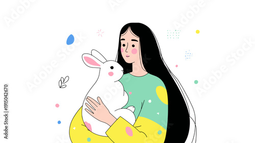 Young woman holding a fluffy white rabbit with pink ears and rosy cheeks