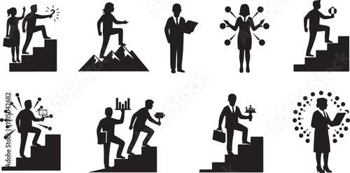 Business People Silhouettes Climbing Stairs to Success and Achievement