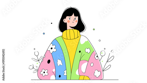 Charming cartoon girl with bob haircut wearing a colorful patchwork sweater and yellow turtleneck