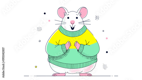 Cute cartoon white mouse wearing a colorful striped sweater, smiling happily