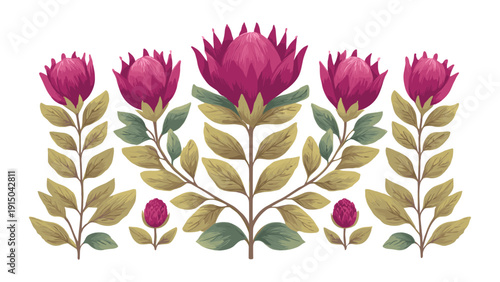 Decorative floral arrangement with vibrant pink protea flowers and green leaves