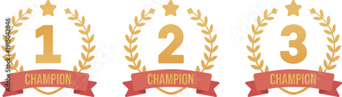 Ranking icons. Badges and banners with the numbers 1, 2, and 3 of the champion ranks. Awards for achievements, competitions, and high-quality products.
