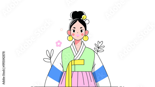 Charming Korean woman in traditional hanbok attire with a playful bun and large earrings