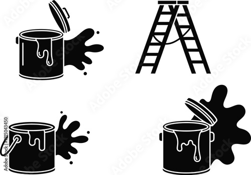 Painting, renovation, and DIY projects. Paint buckets with dripping paint and a ladder.