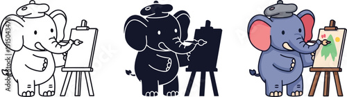 Artistic Cartoon Elephant Painting a Landscape on Canvas, Creative Animal Illustration