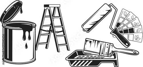 Painting, renovation, and DIY projects. Paint buckets with dripping paint and a ladder.