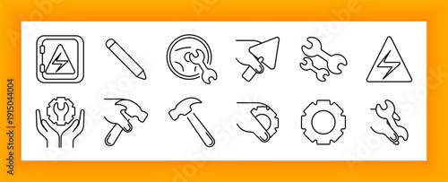 Repair set icon. Wrench, hammer, trowel, warning, pencil, gear, tool, electric box, fix, construction, maintenance, service, worker, build, system