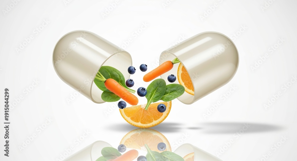 Fototapeta premium Vibrant Nutritional Capsule Filled with Colorful, Nutrient-Rich Foods for a Healthy Lifestyle Boost