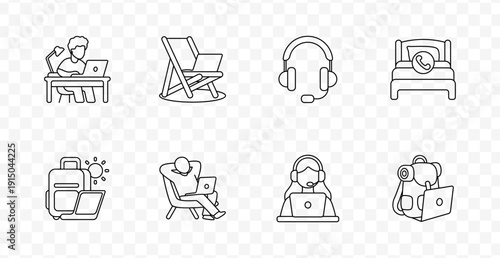 Remote work set icon. Freelancer, beach laptop, headset, hotel communication, luggage, relaxation, customer support, mobile travel office.