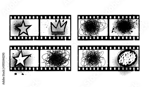 Grunge film strip halftone punk sticker vector set