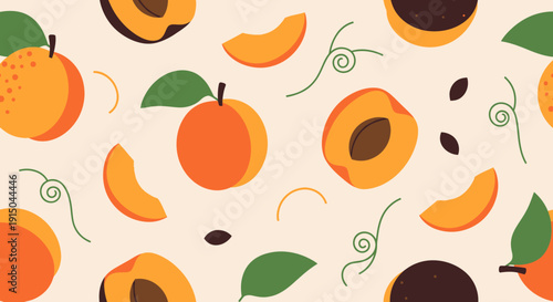 Colorful Illustration of Apricots and Plum Halves with Green Leaves