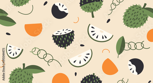 Tropical Fruit Pattern with Dragon Fruit, Mango, and Cucumber Slices