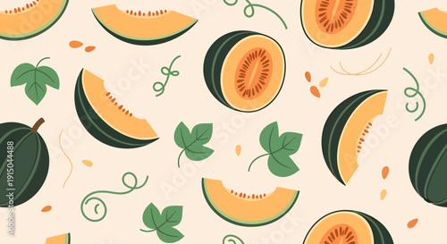Seamless Pattern of Watermelon Slices and Green Leaves