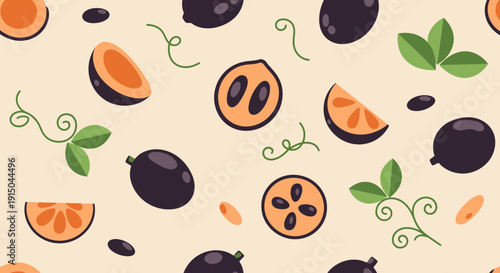 Black olives with green leaves and orange citrus slices on a light background