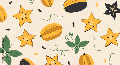 Tropical Fruit and Leaf Pattern with Starfruit, Melon, and Green Foliage