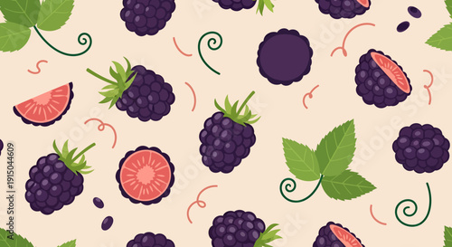 Colorful Blackberry and Raspberry Fruit Pattern with Green Leaves