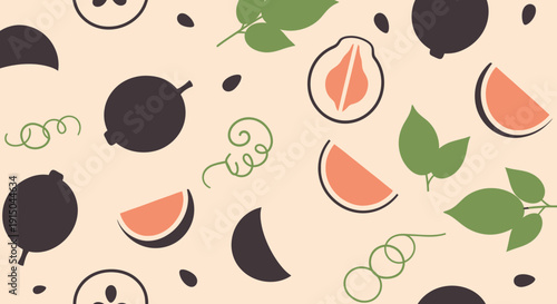 Abstract Fruit Pattern with Watermelon, Berries, and Leaves