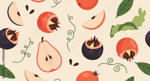 Colorful Assorted Fruit Pattern with Pomegranates and Leaves