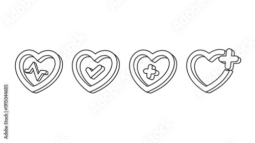 Heart shapes with medical symbols like pulse cross checkmark abstract outline medical icons