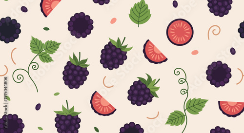 Seamless Pattern of Blackberries and Berry Slices with Green Leaves
