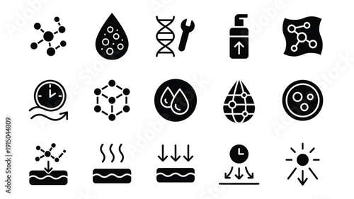Skincare and dermatology science icons showing molecular structure and moisture absorption