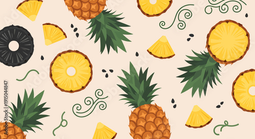 Vibrant Pineapple Pattern with Fresh Fruit Slices and Leaves