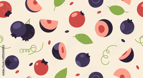 Colorful Berry Pattern with Blackberries, Raspberries, and Green Leaves