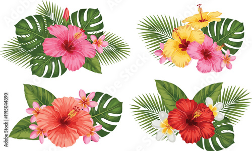 Tropical Floral Arrangement Vector Set with Hibiscus Flowers, Palm Leaves, and Exotic Botanical Compositions for Summer Design Projects