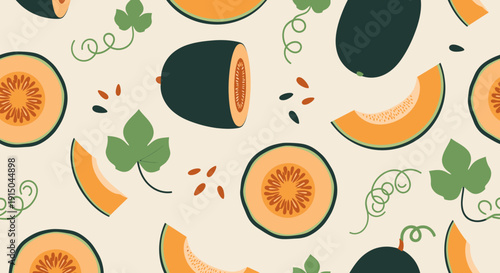 Fresh Papaya Fruit Pattern with Green Leaves and Slices