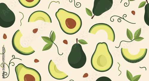 Fresh Avocado Pattern with Leaves and Seeds for Healthy Food Design
