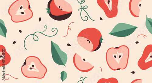 Seamless Pattern of Juicy Red Peppers and Green Leaves