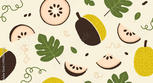 Tropical Fruit Pattern with Monstera Leaves and Passion Fruits