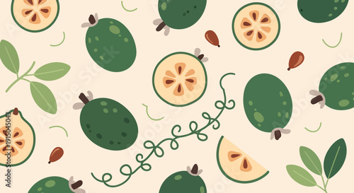 Fresh Green Guavas and Leaves on Nutritious Background