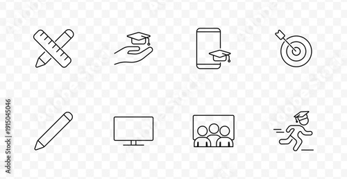 Education and learning set icon. Ruler, pencil, hand with cap, mobile with cap, target, monitor, group, running graduate in academic knowledge line style.