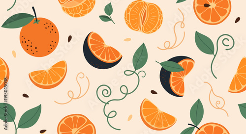 Vibrant Citrus Fruit Pattern with Oranges and Leaves