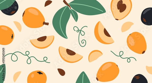 Vibrant Fruit Pattern with Apricots, Leaves, and Twists