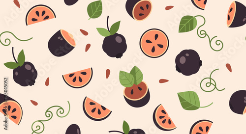 Colorful Black Berry and Citrus Pattern with Green Leaves