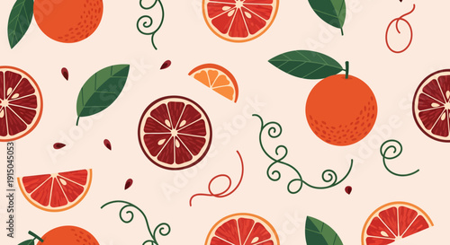 Colorful Fruit Citrus Pattern with Sliced Oranges and Leaves