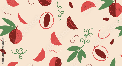 Fresh Strawberry Fruit Pattern with Green Leaves and Red Accents