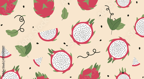 Fresh Dragon Fruits with Green Leaves on Beige Background