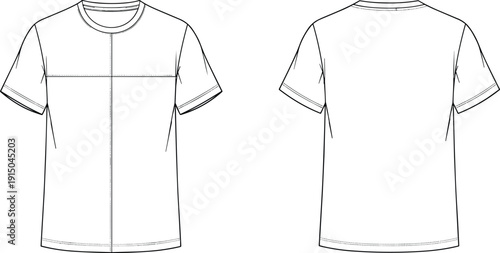 Crew neck t shirt technical fashion illustration, front and back view, vector line drawing, short sleeve menswear top, flat sketch, garment template